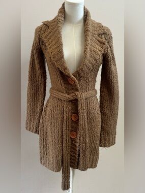 New York & Company Chunky Knit Cardigan XS Tan Belted Shawl Collar Sweater